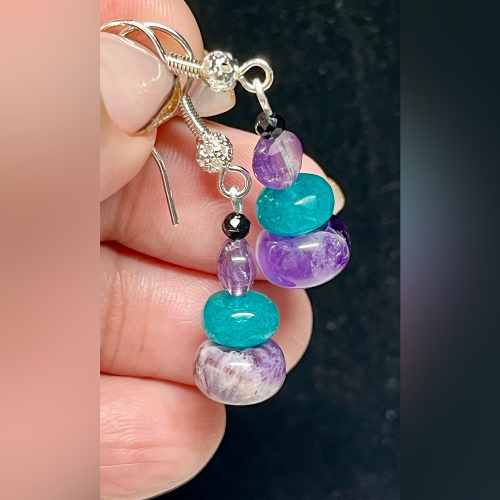 Elegant chevron dream Amethyst, blue Jade and black Spinel Beaded Earrings